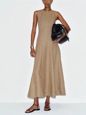 NEW Reformation Cecilia Linen Sleeveless Maxi Dress Dark Oatmeal Tan | US 2 UK 6